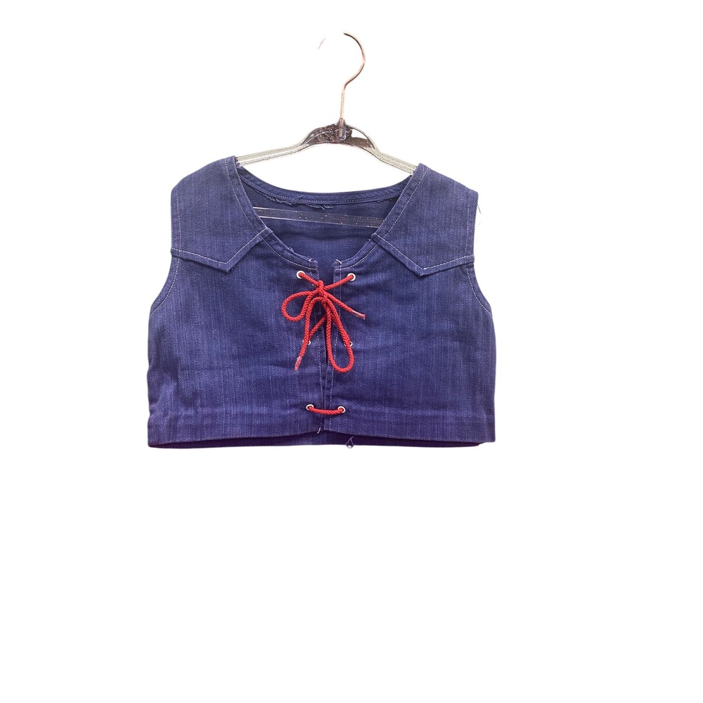 Vintage Kids Denim Crop Top Lace Up Front Red Cord Indigo Blue Sleeveless Vest
